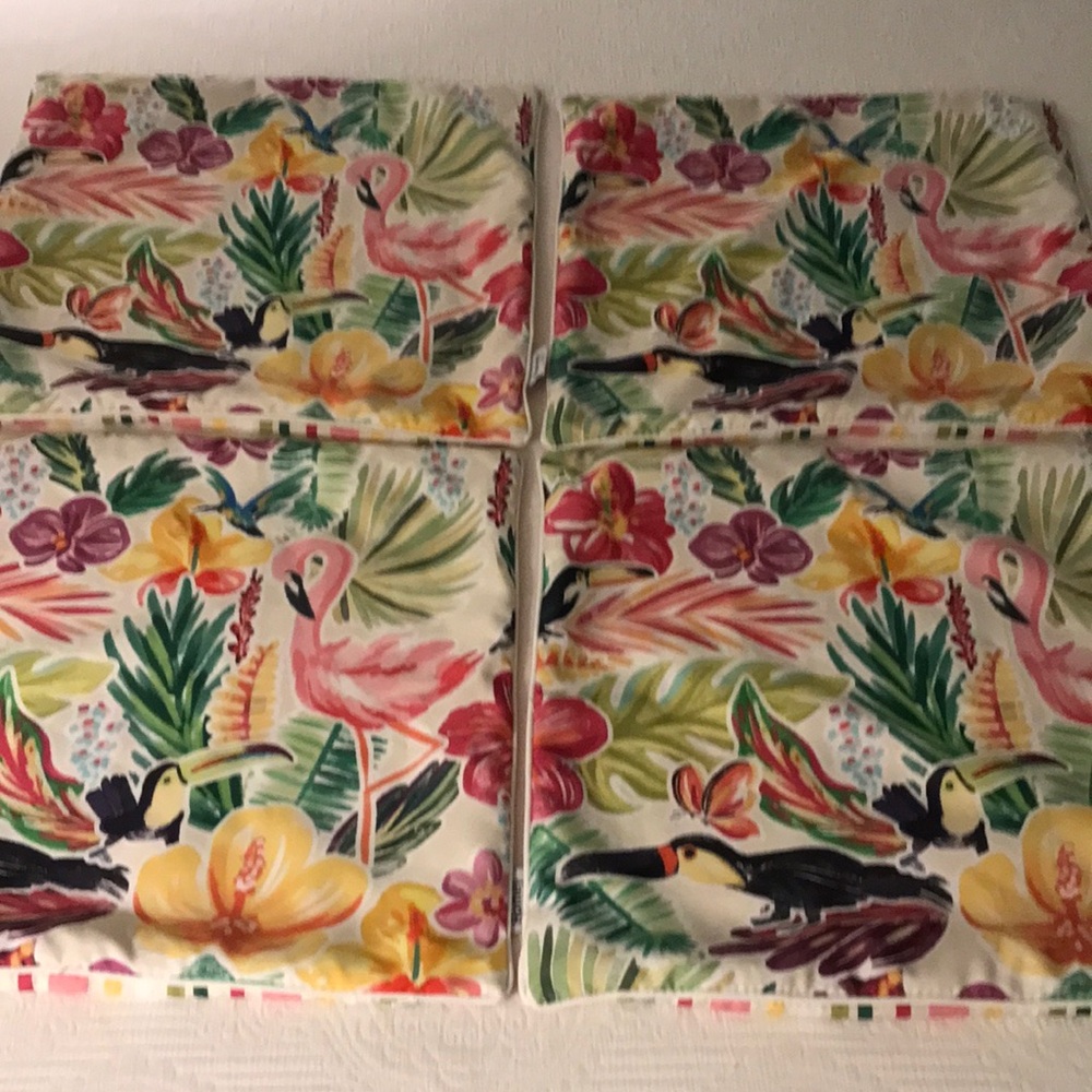 Set of 4 Outdoor Throw Pillow Covers Toucan Flamingo Tropical Flowers Vibrant